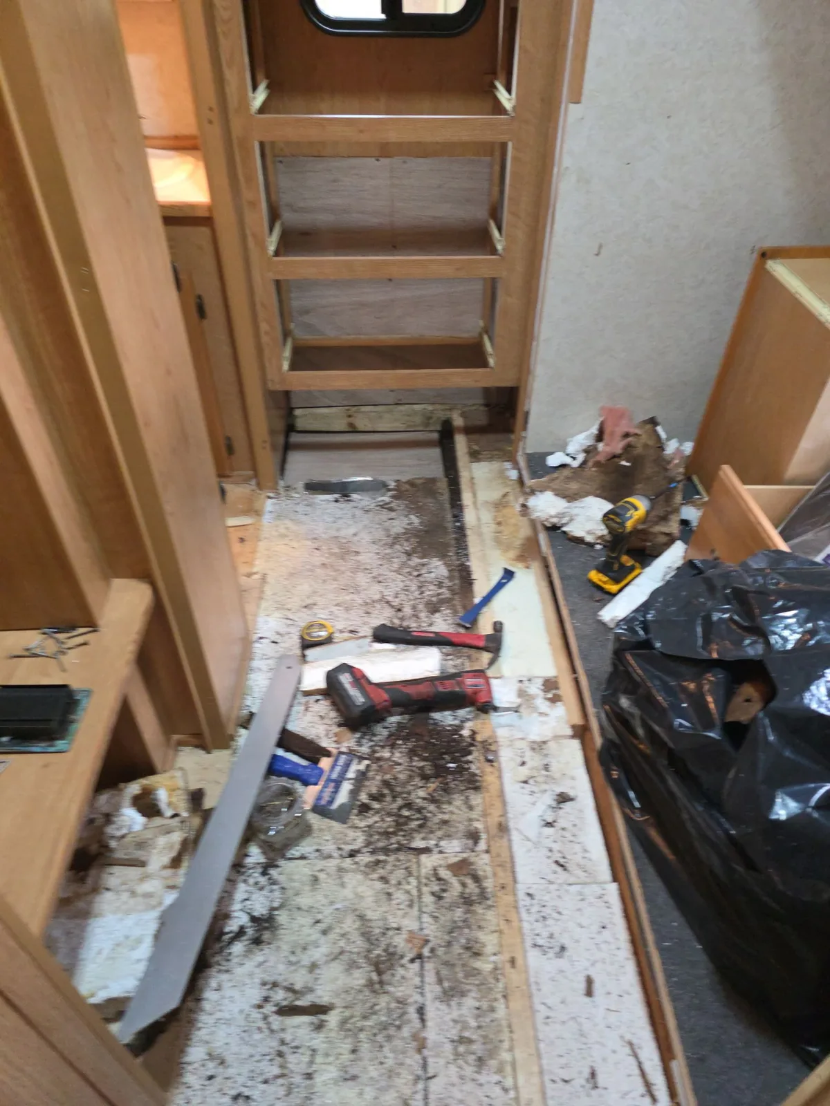 Changing RV flooring after water damage during an interior renovation